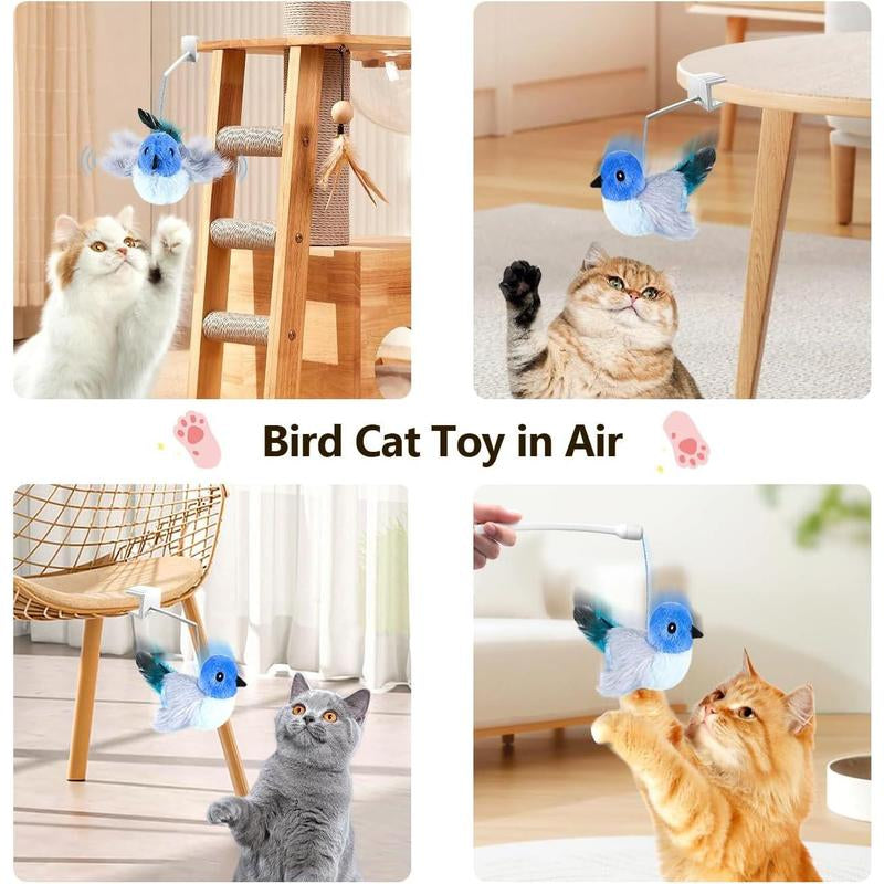 Cat Toys,Interactive Lifelike Robin Flying Flapping Bird with Catnip, Feathers Hanging by Elastic String, Automatic Chirping Kitten Toys for Indoor Cats Self Play, Rechargeable(Blue)