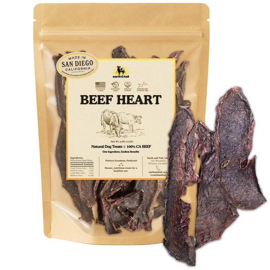Earth & Tail Beef Heart Dog Treats - 100% USA Single Ingredient Nutrient-Dense Gently Air-Dried 4 Oz Bag for Heart Muscle Health