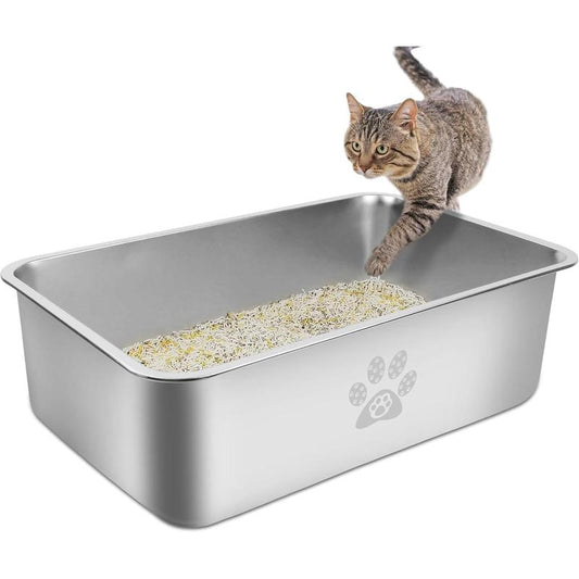 Stainless Steel Litter Box High Side Cats Toilet Metal Kitten Litter Pan, Pet Cleaning Tool for Big and Small Cats, Rabbits, Splash-Proof and Non-Stick Poop Box Odorless 23.6"X15.7"X7.9"