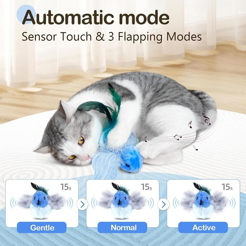 Cat Toys,Interactive Lifelike Robin Flying Flapping Bird with Catnip, Feathers Hanging by Elastic String, Automatic Chirping Kitten Toys for Indoor Cats Self Play, Rechargeable(Blue)