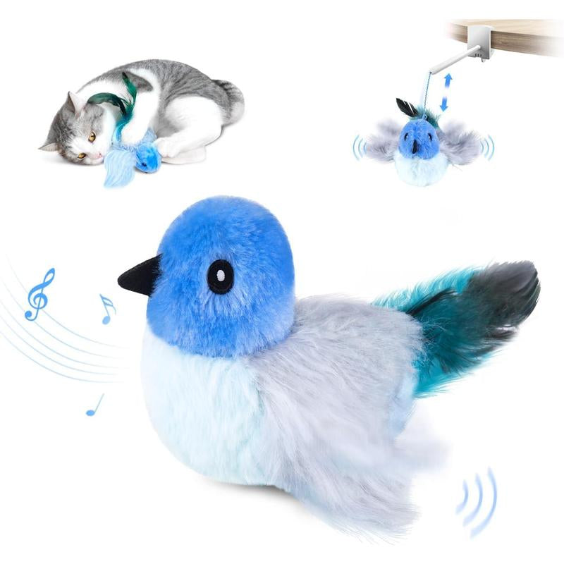 Cat Toys,Interactive Lifelike Robin Flying Flapping Bird with Catnip, Feathers Hanging by Elastic String, Automatic Chirping Kitten Toys for Indoor Cats Self Play, Rechargeable(Blue)