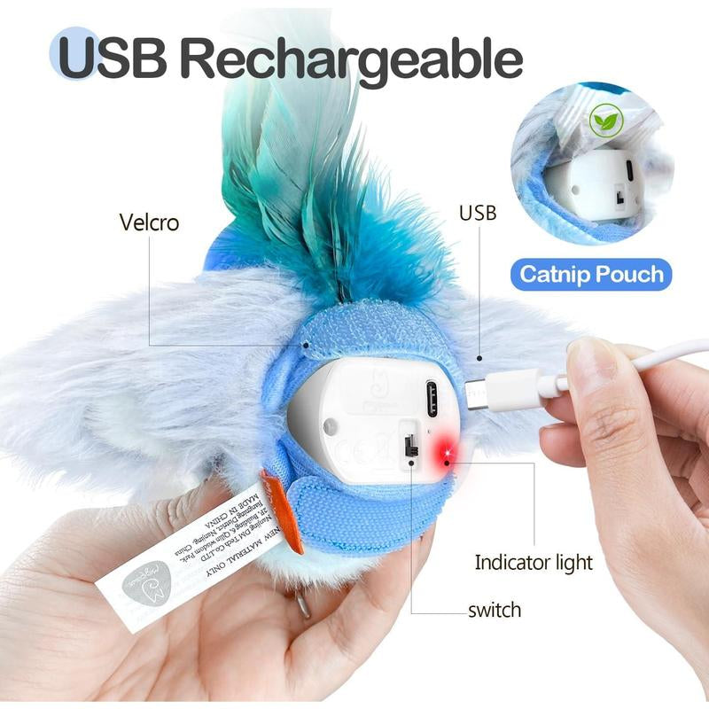 Cat Toys,Interactive Lifelike Robin Flying Flapping Bird with Catnip, Feathers Hanging by Elastic String, Automatic Chirping Kitten Toys for Indoor Cats Self Play, Rechargeable(Blue)
