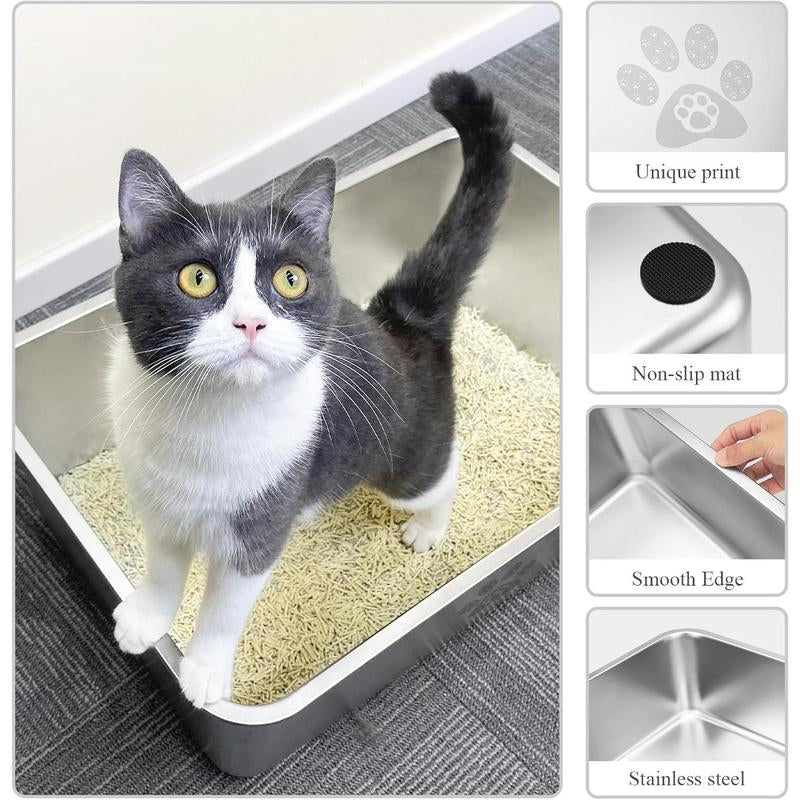 Stainless Steel Litter Box High Side Cats Toilet Metal Kitten Litter Pan, Pet Cleaning Tool for Big and Small Cats, Rabbits, Splash-Proof and Non-Stick Poop Box Odorless 23.6"X15.7"X7.9"
