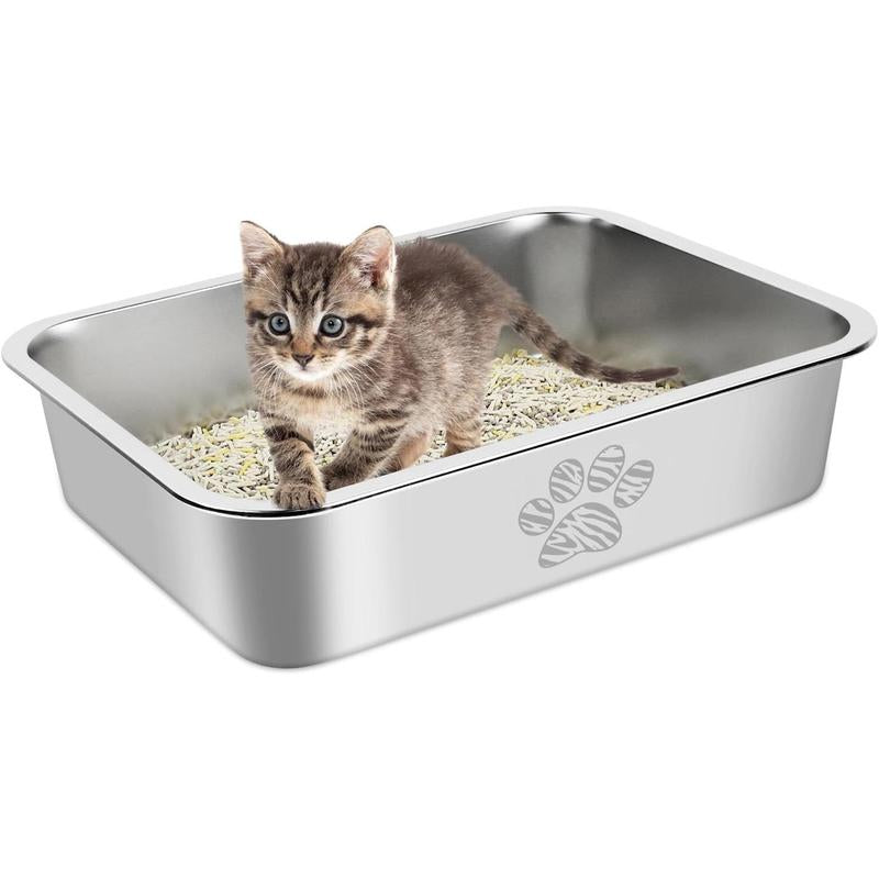 Stainless Steel Litter Box High Side Cats Toilet Metal Kitten Litter Pan, Pet Cleaning Tool for Big and Small Cats, Rabbits, Splash-Proof and Non-Stick Poop Box Odorless 23.6"X15.7"X7.9"