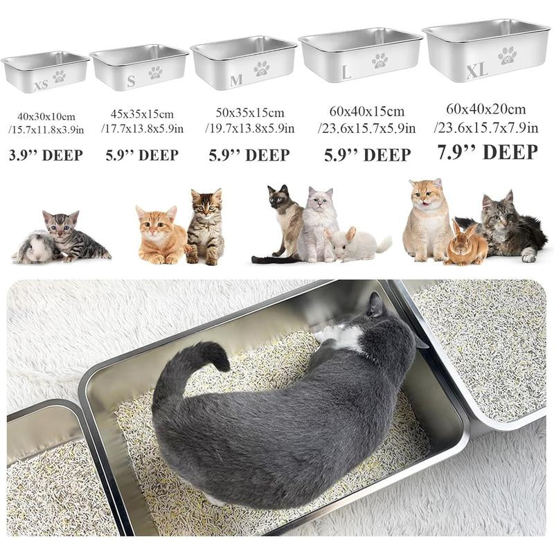 Stainless Steel Litter Box High Side Cats Toilet Metal Kitten Litter Pan, Pet Cleaning Tool for Big and Small Cats, Rabbits, Splash-Proof and Non-Stick Poop Box Odorless 23.6"X15.7"X7.9"
