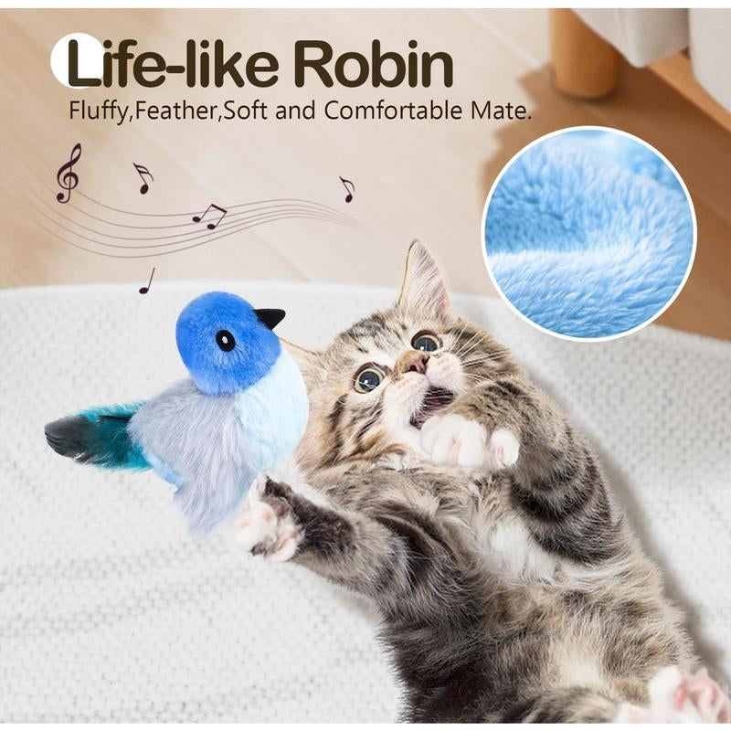 Cat Toys,Interactive Lifelike Robin Flying Flapping Bird with Catnip, Feathers Hanging by Elastic String, Automatic Chirping Kitten Toys for Indoor Cats Self Play, Rechargeable(Blue)
