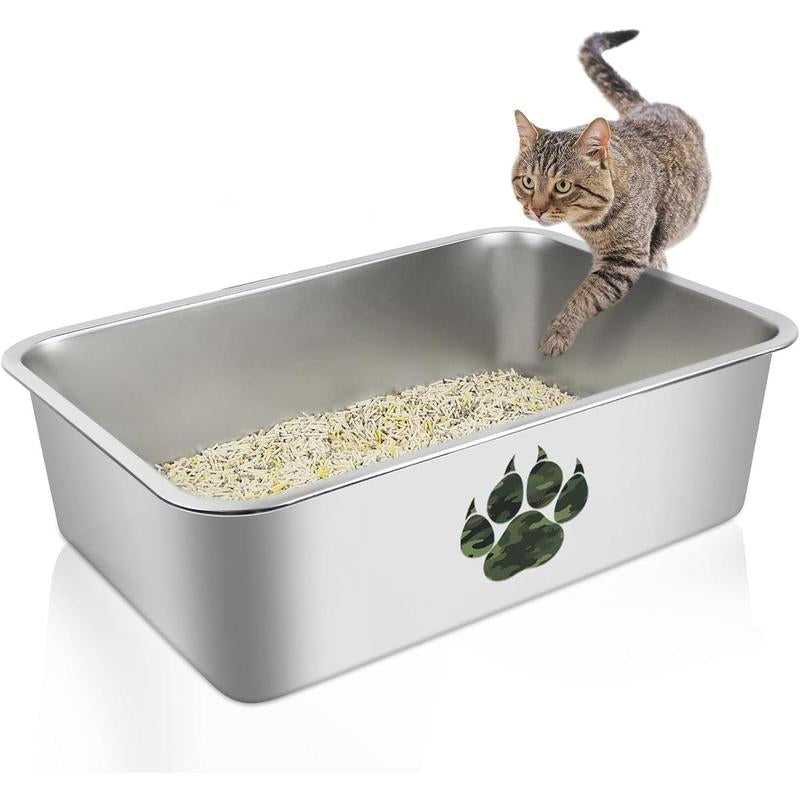 Stainless Steel Litter Box High Side Cats Toilet Metal Kitten Litter Pan, Pet Cleaning Tool for Big and Small Cats, Rabbits, Splash-Proof and Non-Stick Poop Box Odorless 23.6"X15.7"X7.9"