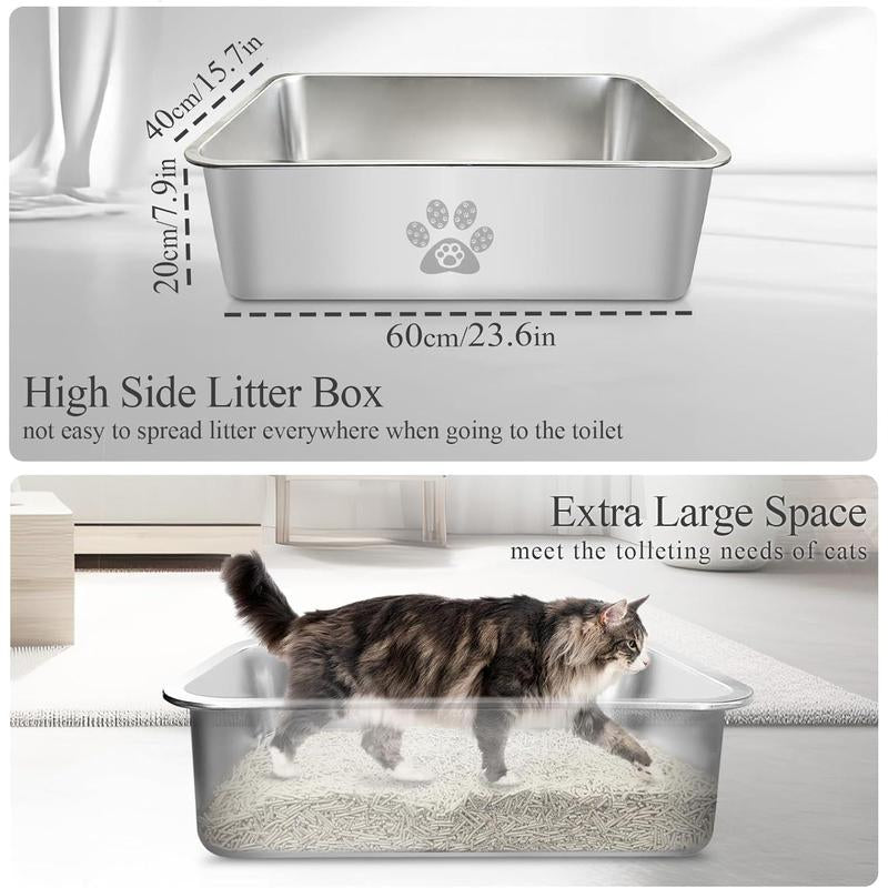 Stainless Steel Litter Box High Side Cats Toilet Metal Kitten Litter Pan, Pet Cleaning Tool for Big and Small Cats, Rabbits, Splash-Proof and Non-Stick Poop Box Odorless 23.6"X15.7"X7.9"