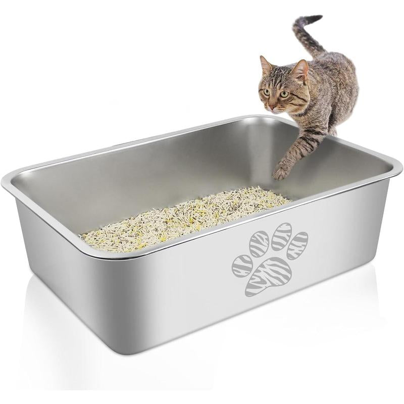 Stainless Steel Litter Box High Side Cats Toilet Metal Kitten Litter Pan, Pet Cleaning Tool for Big and Small Cats, Rabbits, Splash-Proof and Non-Stick Poop Box Odorless 23.6"X15.7"X7.9"