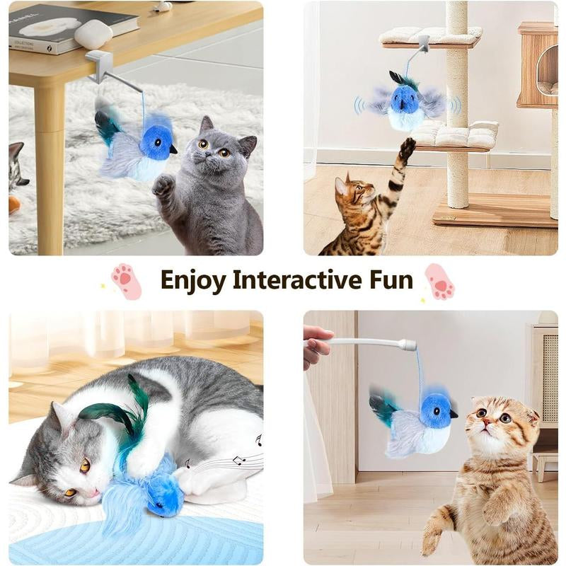 Cat Toys,Interactive Lifelike Robin Flying Flapping Bird with Catnip, Feathers Hanging by Elastic String, Automatic Chirping Kitten Toys for Indoor Cats Self Play, Rechargeable(Blue)