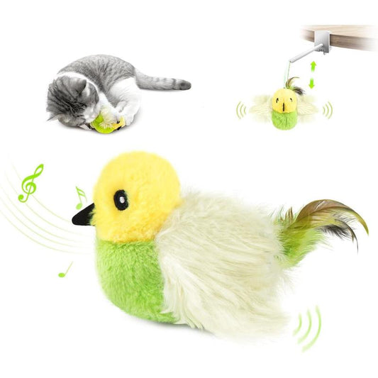 Cat Toys,Interactive Lifelike Robin Flying Flapping Bird with Catnip, Feathers Hanging by Elastic String, Automatic Chirping Kitten Toys for Indoor Cats Self Play, Rechargeable(Blue)