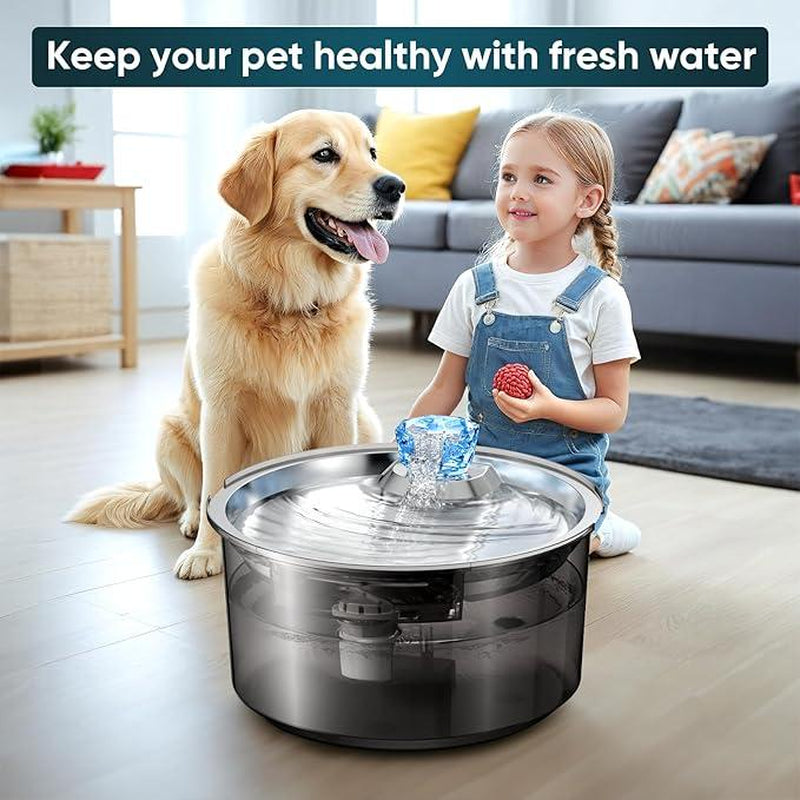2.6 Gallon Dog Water Fountain, 10L Dog Clean Water Bowl Dispenser with Stainless Steel Filtered Drinking Water Fountain for Dogs & Cats & Multiple Pets