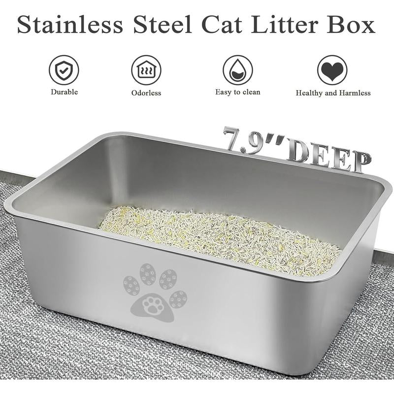 Stainless Steel Litter Box High Side Cats Toilet Metal Kitten Litter Pan, Pet Cleaning Tool for Big and Small Cats, Rabbits, Splash-Proof and Non-Stick Poop Box Odorless 23.6"X15.7"X7.9"