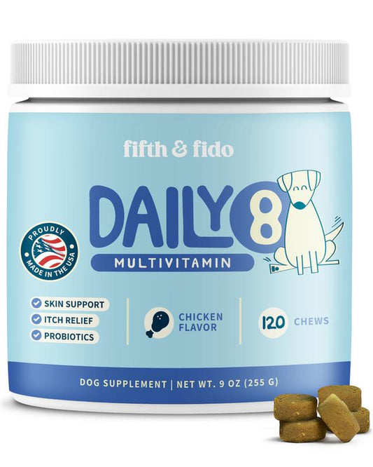 Daily 8 Multivitamin for Dogs - Probiotic for Dogs Itchy Skin - Allergy Chews for Dogs - 120 Chicken Flavor Chews with Salmon Oil & Quercetin - Dog Vitamin Supplement - Itch Relief Remedy