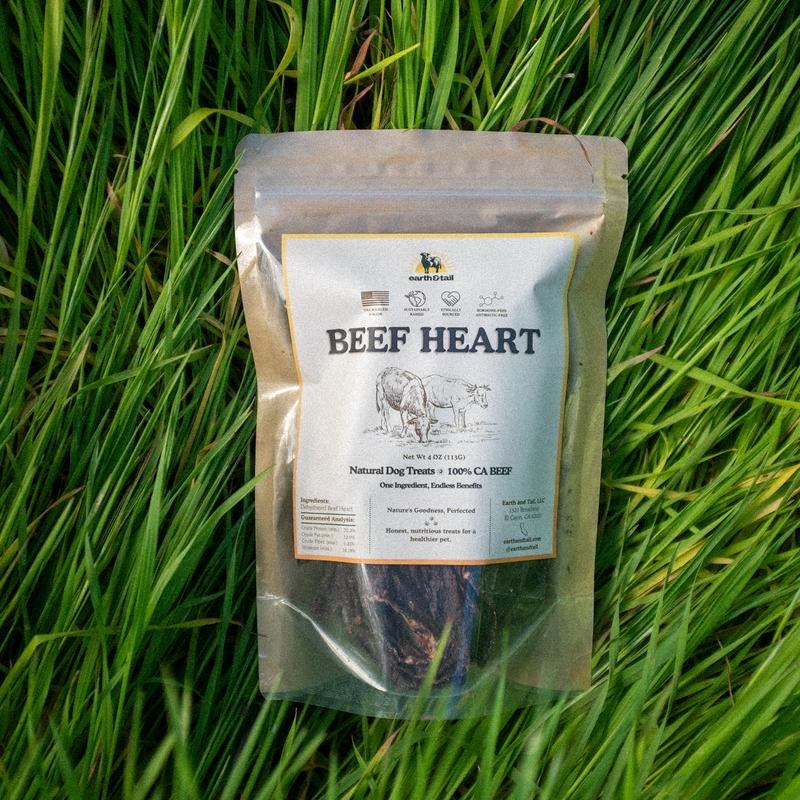 Earth & Tail Beef Heart Dog Treats - 100% USA Single Ingredient Nutrient-Dense Gently Air-Dried 4 Oz Bag for Heart Muscle Health